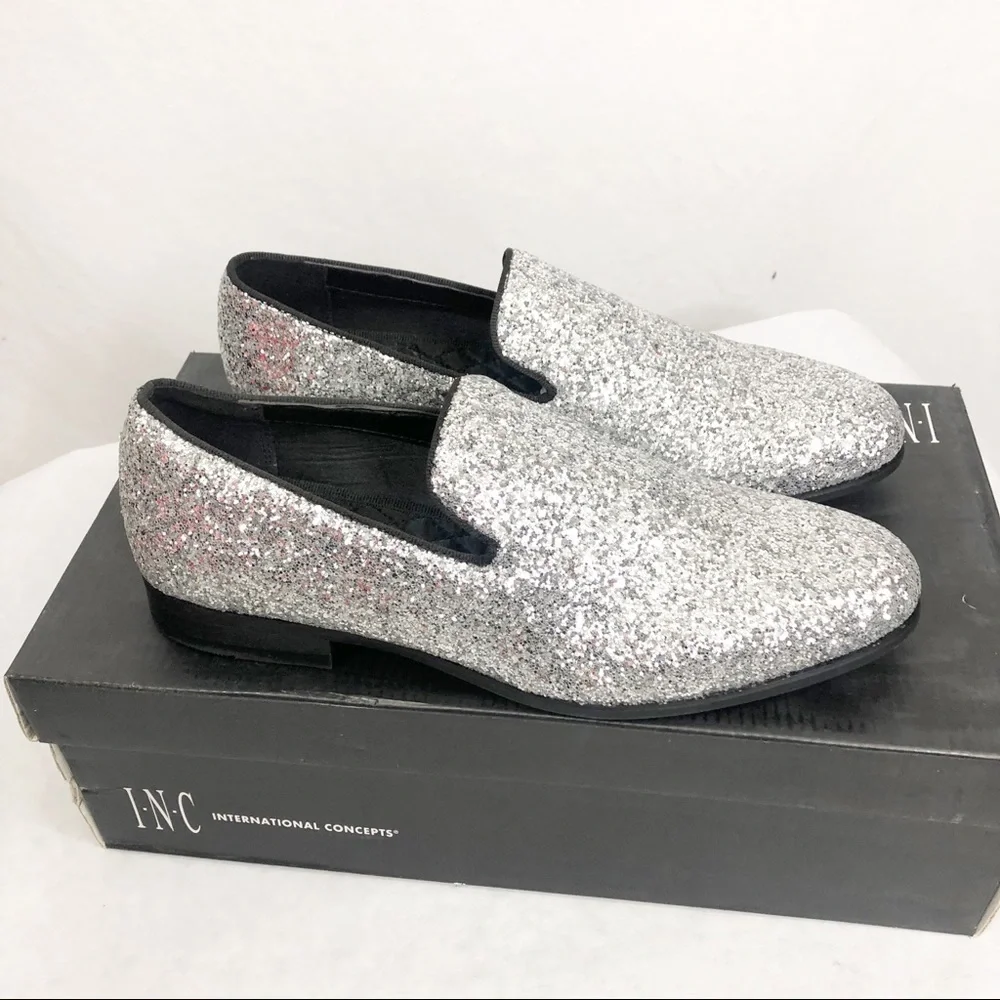 NEW INC International Concepts Mens Silver Glitter Triton Slip On Shoes, Size 7